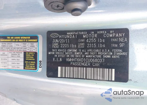 2012 Hyundai Genesis 2.0T from USA, damaged, VIN KMHHT6KD1CU068037